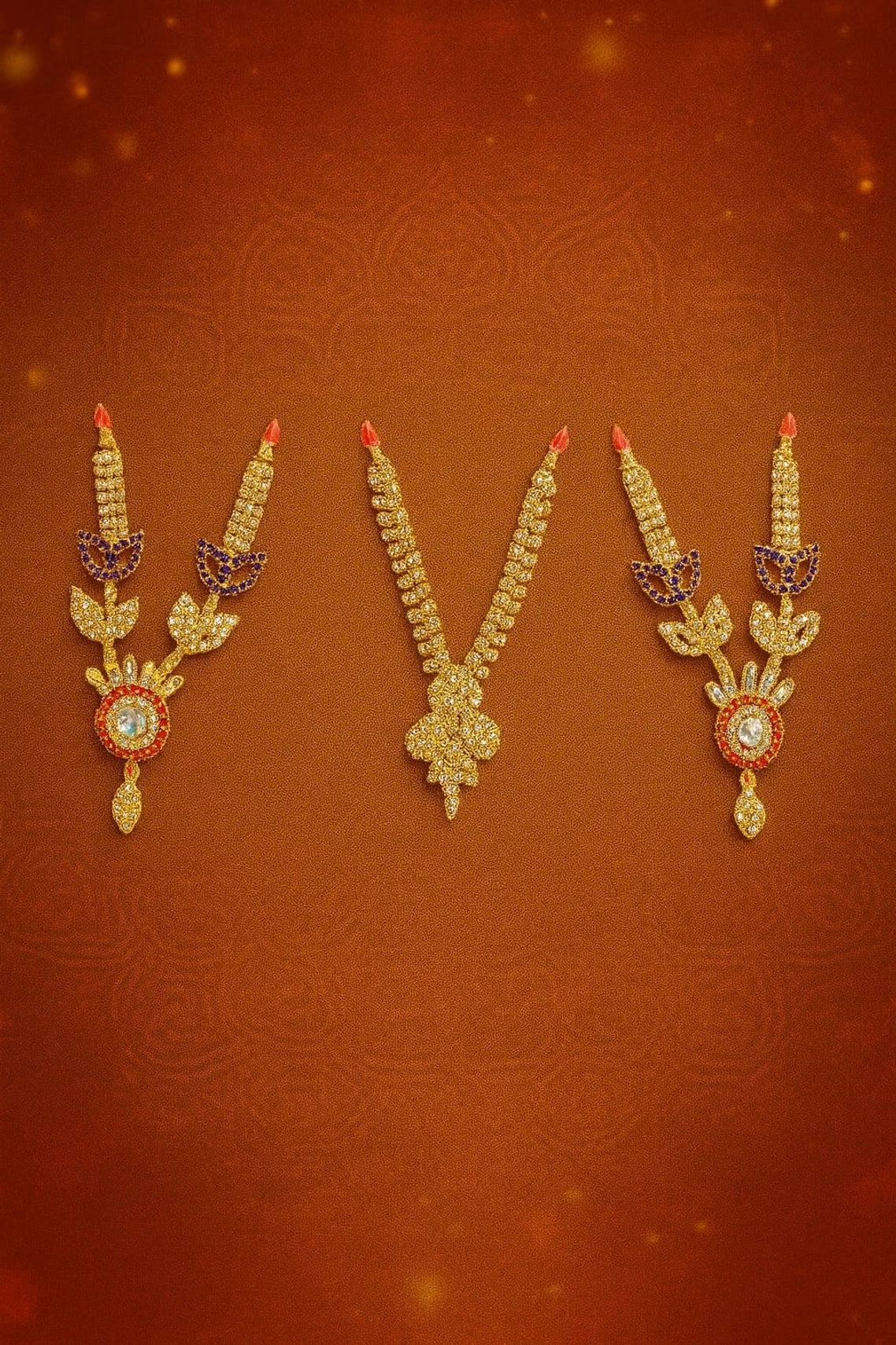 Royal Antique Gold Haar Set for Laddu Gopal Pack of 3 - Handcrafted V-shaped haars with purple gemstones, crystal centerpiece and golden leaf detailing