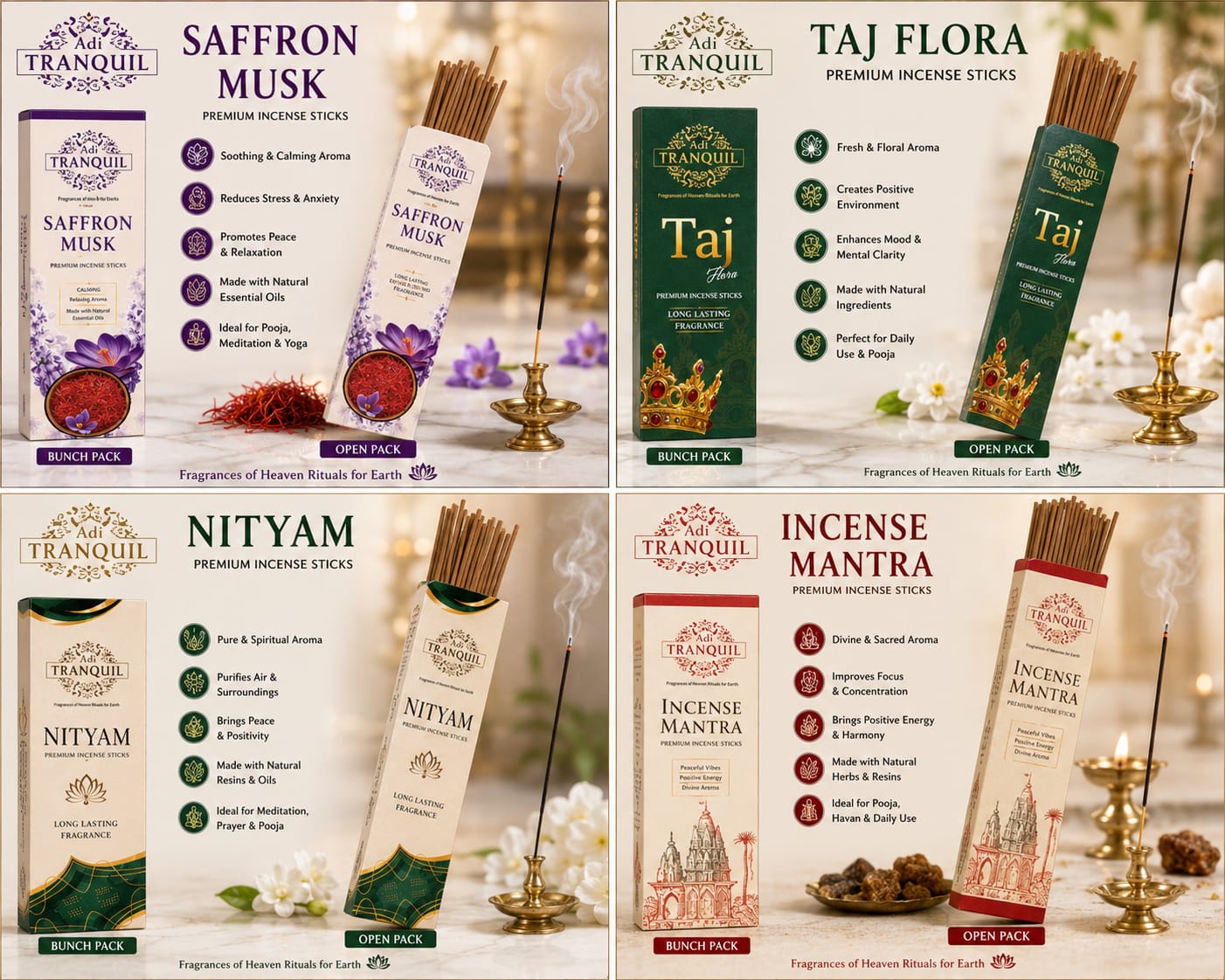 ADI TRANQUIL Saffron Musk Premium Incense Sticks | Soothing & Calming Natural Agarbatti for Puja & Meditation