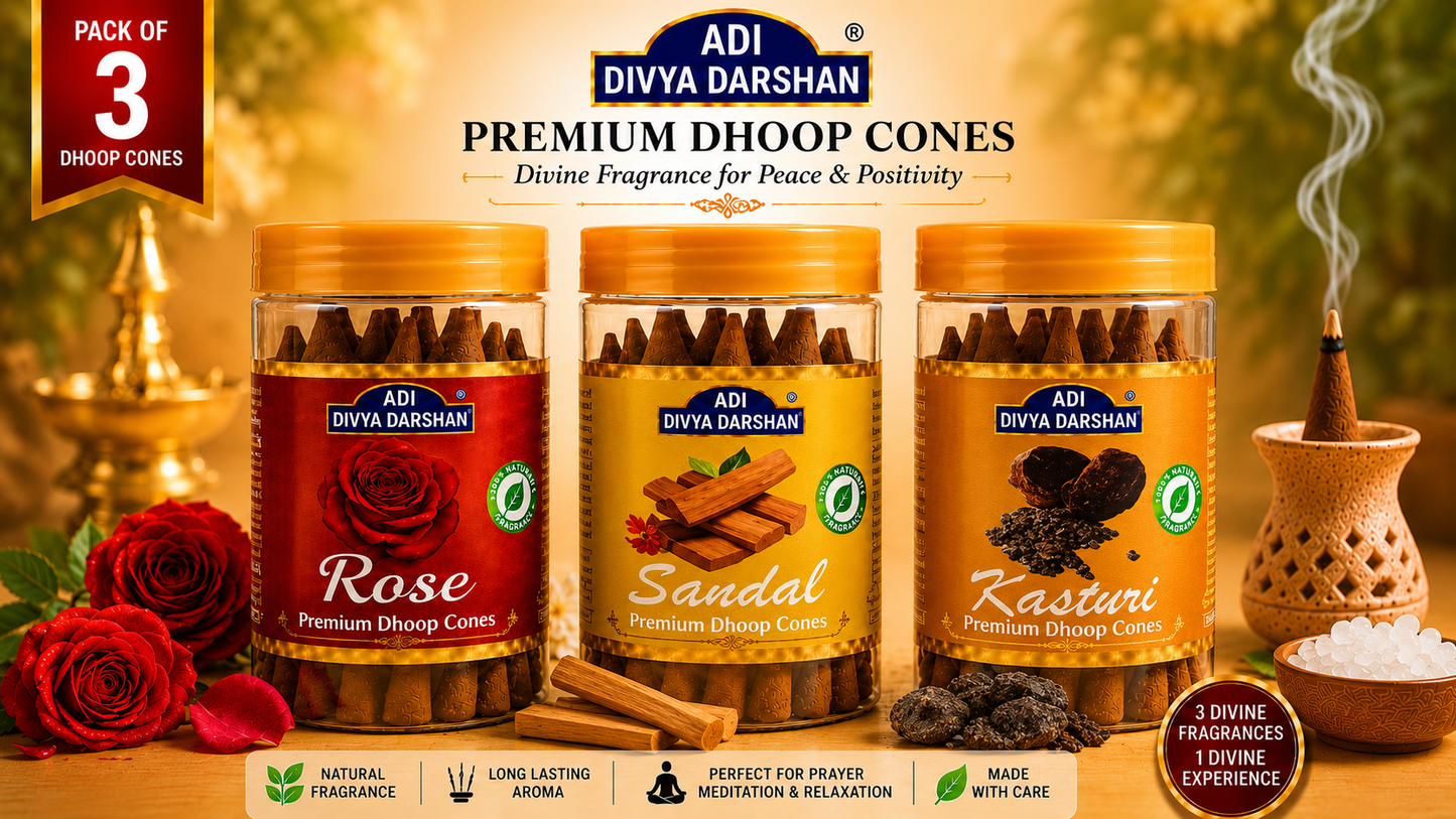 ADI DIVYA DARSHAN Premium Dhoop Cones Combo Pack ā Rose, Sandal & Kasturi Fragrance | Long Lasting Aroma | Natural Incense Cones for Pooja, Meditation & Home