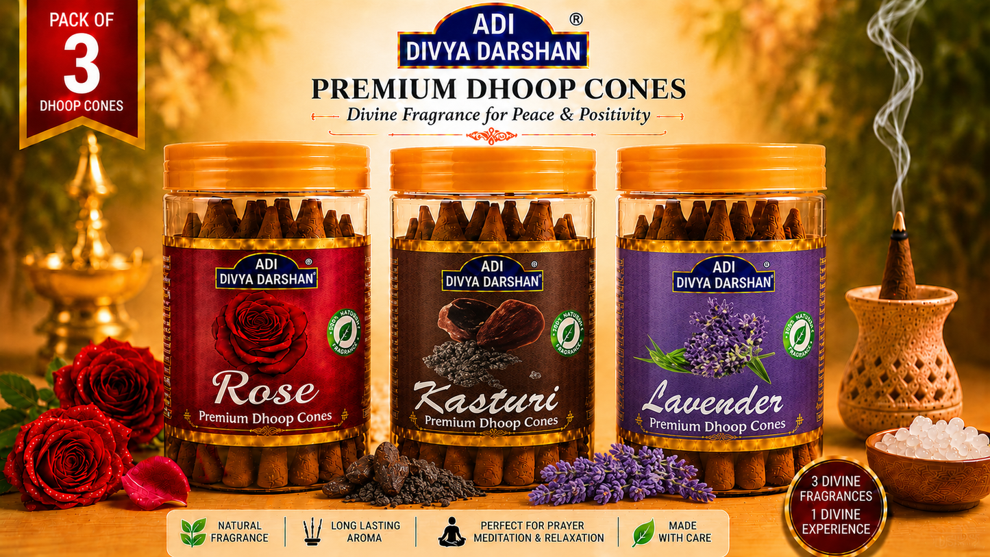 ADI DIVYA DARSHAN Premium Dhoop Cones Combo Pack – Rose, Kasturi & Lavender Fragrance | Long Lasting Aroma | Natural Incense Cones for Pooja, Meditation & Home