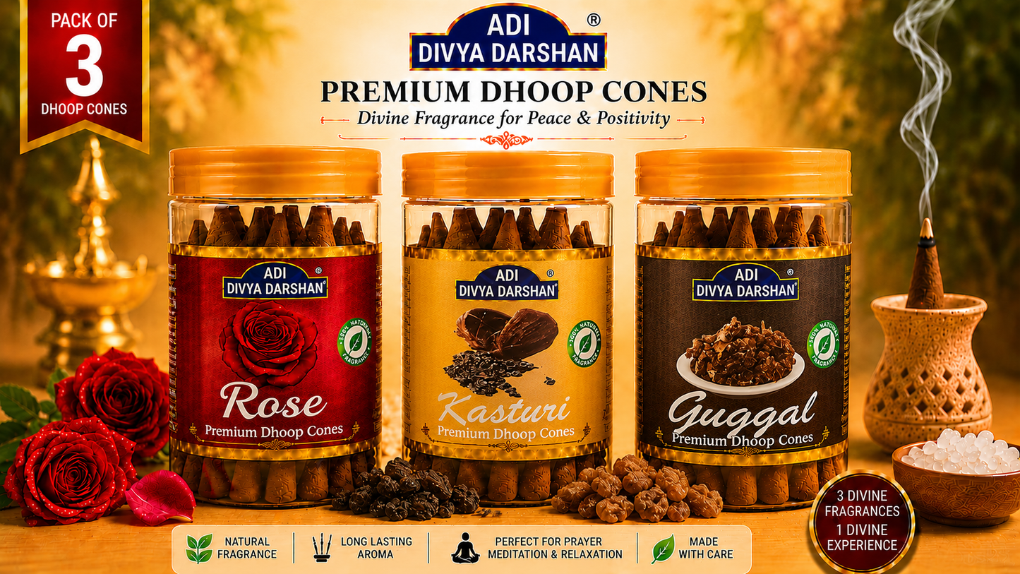 ADI DIVYA DARSHAN Premium Dhoop Cones Combo Pack – Rose, Kasturi & Guggal Fragrance | Long Lasting Aroma | Natural Incense Cones for Pooja, Meditation & Home
