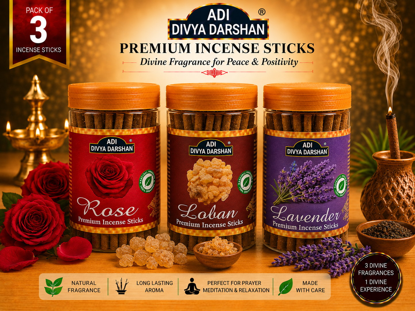ADI DIVYA DARSHAN Premium Dhoop Sticks Combo Pack of 3 | Rose, Loban & Lavender | Long Lasting Divine Fragrance