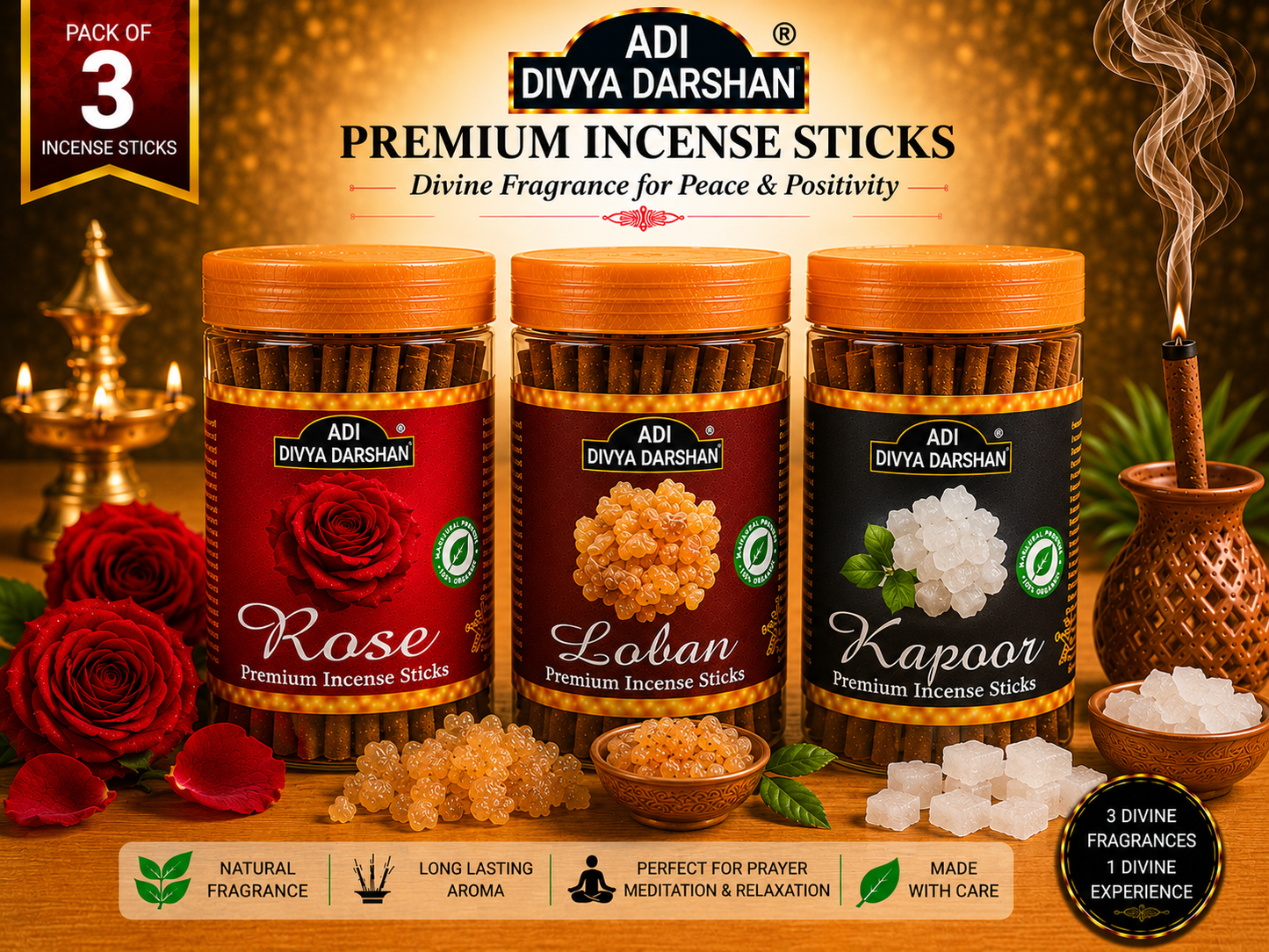 ADI DIVYA DARSHAN Premium Dhoop Sticks Combo Pack of 3 | Rose, Loban & Kapoor | Long Lasting Divine Fragrance