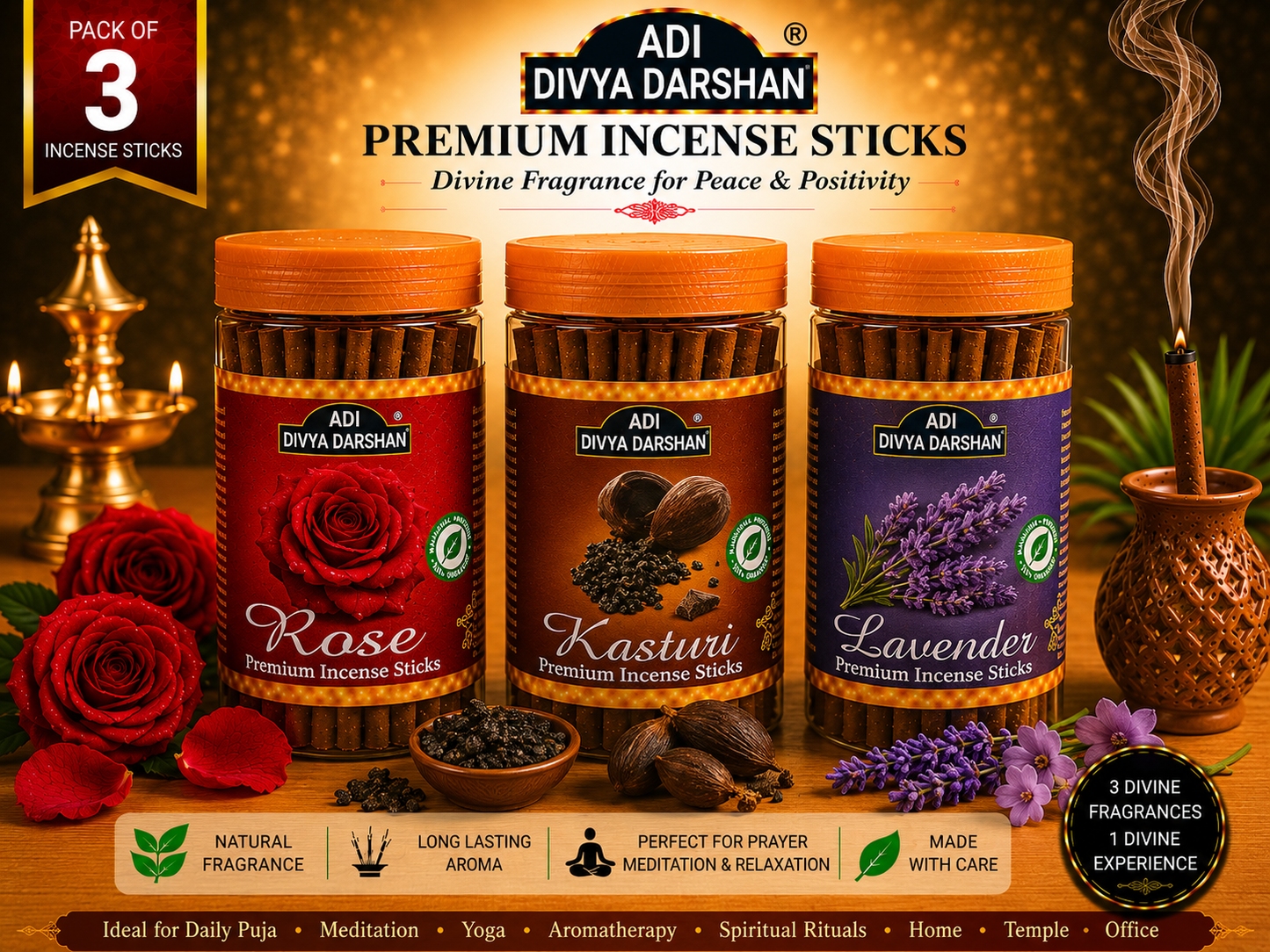 ADI DIVYA DARSHAN Premium Dhoop Sticks Combo Pack of 3 | Rose, Kasturi & Lavender | Long Lasting Divine Fragrance
