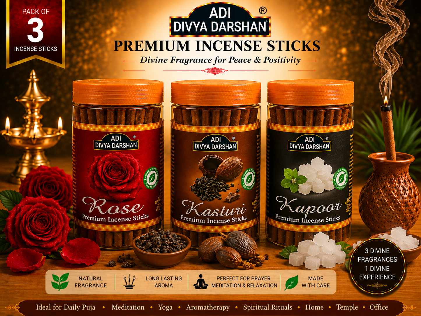 ADI DIVYA DARSHAN Premium Dhoop Sticks Combo Pack of 3 | Rose, Kasturi & Kapoor | Long Lasting Divine Fragrance