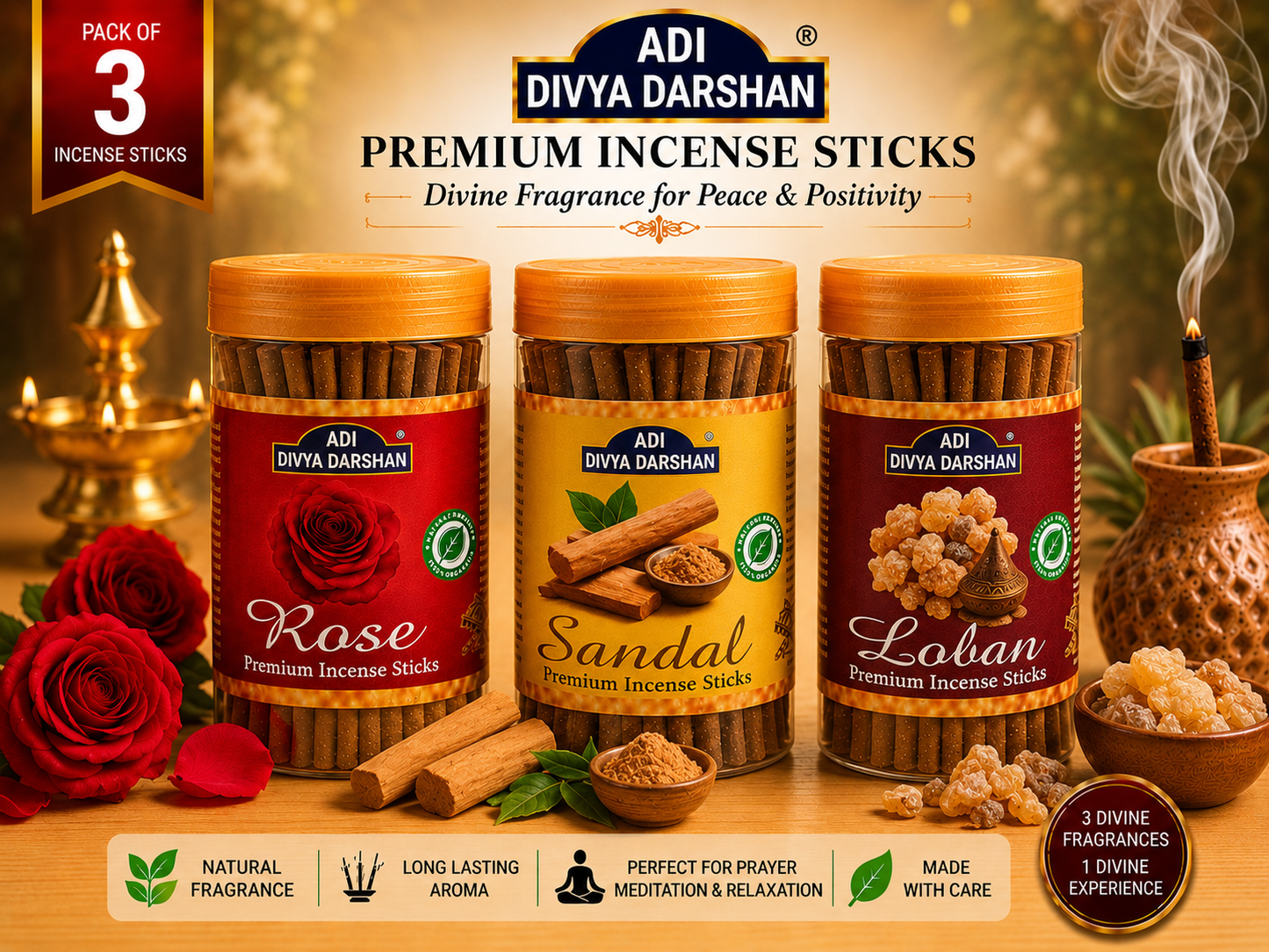 ADI DIVYA DARSHAN Premium Dhoop Sticks Combo Pack of 3 | Rose, Sandal & Loban | Long Lasting Divine Fragrance