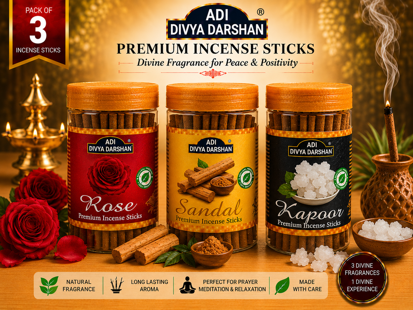 ADI DIVYA DARSHAN Premium Dhoop Sticks Combo Pack of 3 | Rose, Sandal & Kapoor | Long Lasting Divine Fragrance