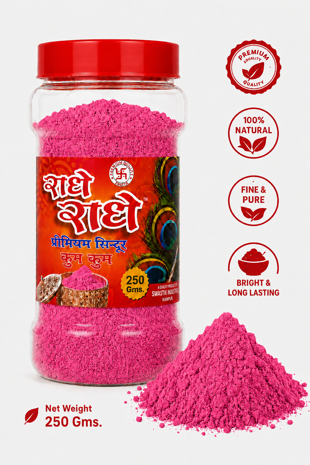 Radhe Radhe Premium Pink Kumkum Sindoor Powder – Fine & Pure Pooja Kumkum | Bright Long-Lasting Tilak | 250g