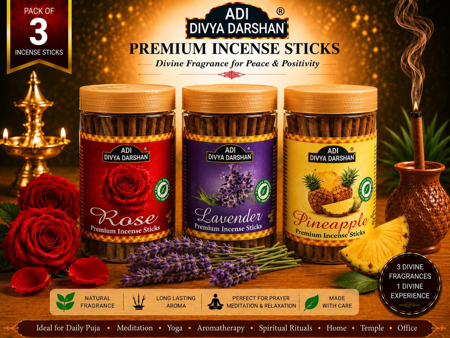 ADI DIVYA DARSHAN Premium Dhoop Sticks Combo Pack of 3 | Rose, Lavender & Pineapple | Long Lasting Divine Fragrance