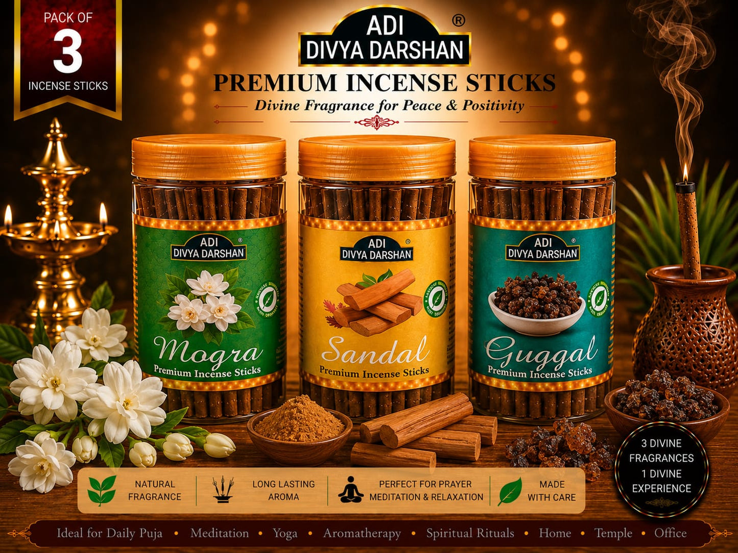 ADI DIVYA DARSHAN Premium Dhoop Sticks Combo Pack of 3 | Mogra, Sandal & Guggal | Long Lasting Divine Fragrance