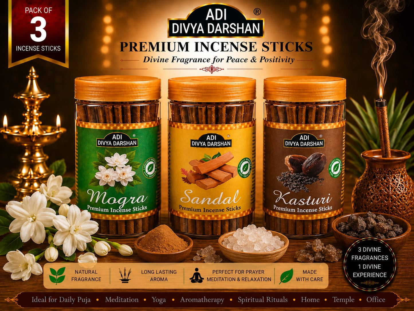 ADI DIVYA DARSHAN Premium Dhoop Sticks Combo Pack of 3 | Mogra, Sandal & Kasturi | Long Lasting Divine Fragrance