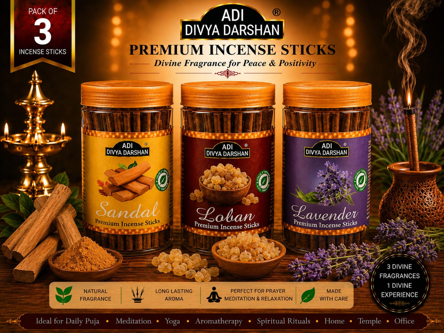 ADI DIVYA DARSHAN Premium Dhoop Sticks Combo Pack of 3 | Sandal , Loban & Lavender | Long Lasting Divine Fragrance