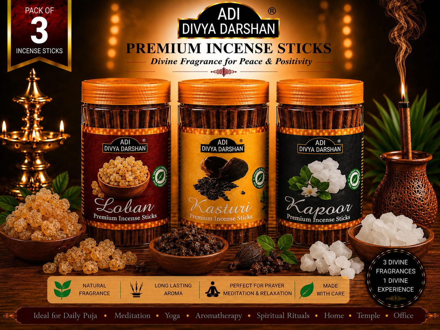 ADI DIVYA DARSHAN Premium Dhoop Sticks Combo Pack of 3 | Loban , Kastui & Kapoor | Long Lasting Divine Fragrance