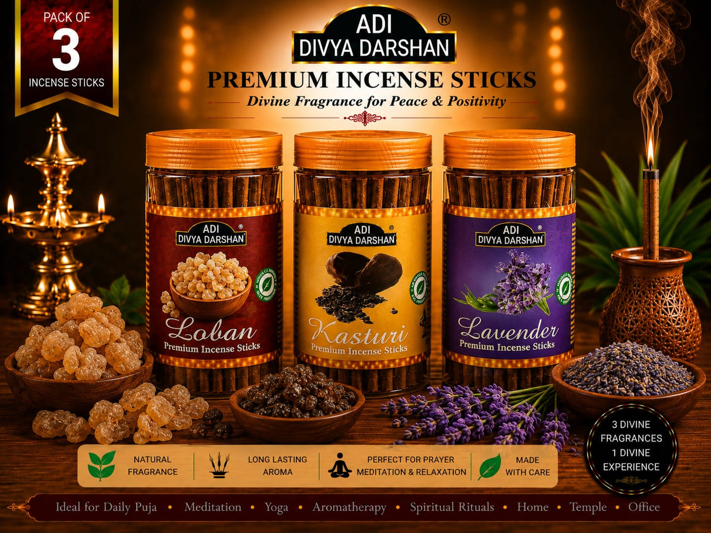 ADI DIVYA DARSHAN Premium Dhoop Sticks Combo Pack of 3 | Loban , Kastui & Lavender | Long Lasting Divine Fragrance