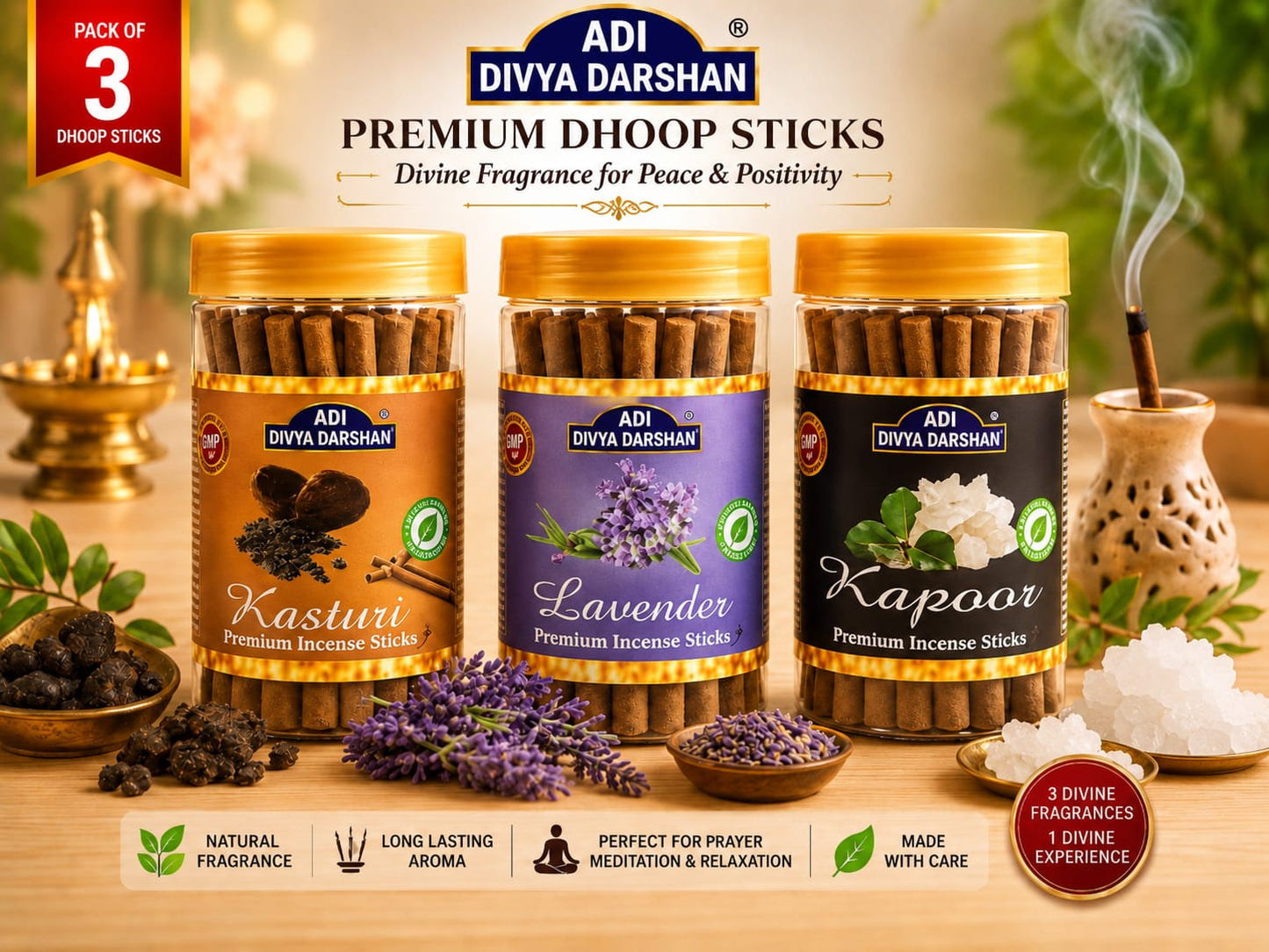 ADI DIVYA DARSHAN Premium Dhoop Sticks Combo Pack of 3 | Kasturi , Lavender & Kapoor | Long Lasting Divine Fragrance