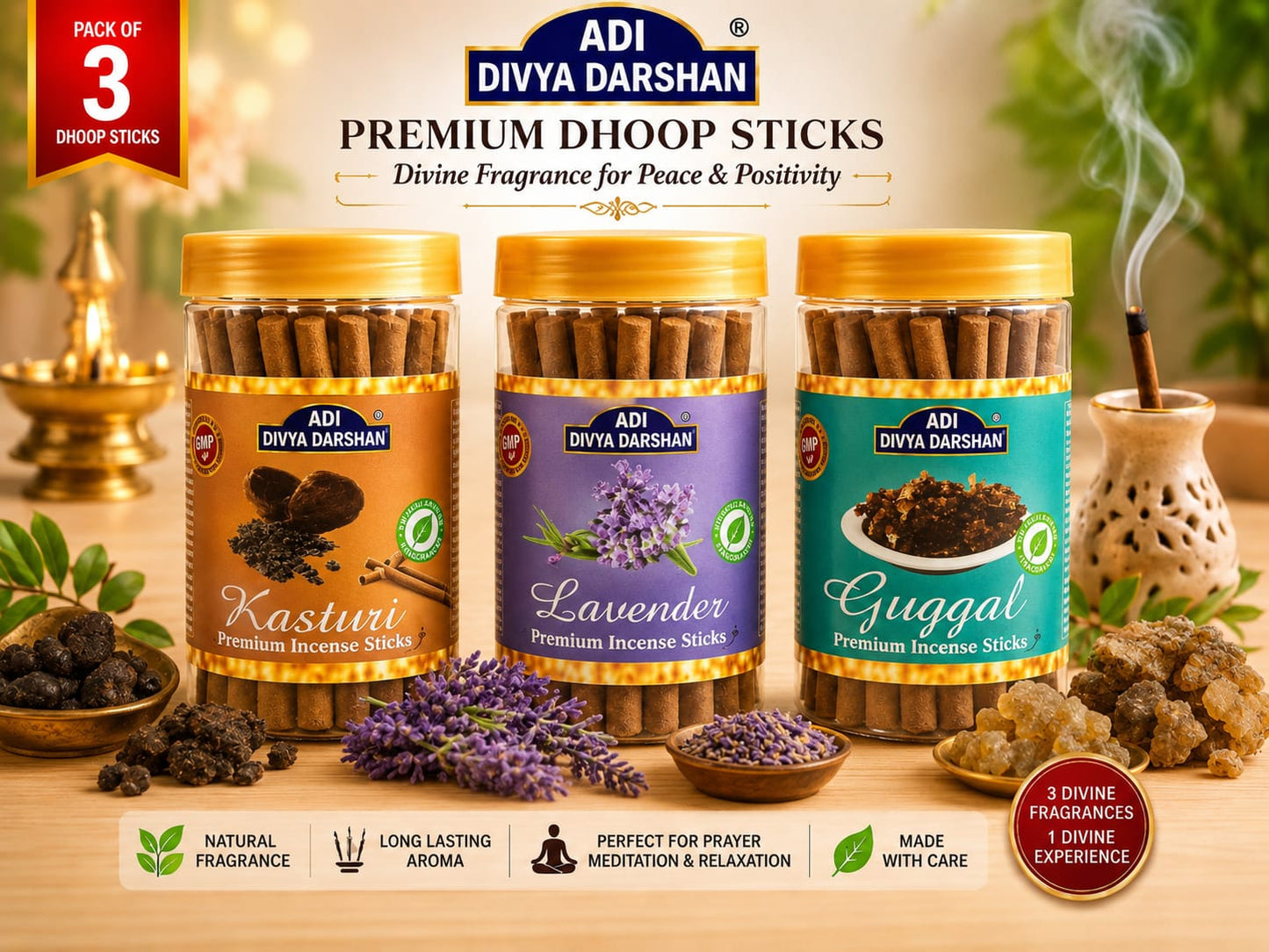 ADI DIVYA DARSHAN Premium Dhoop Sticks Combo Pack of 3 | Kasturi , Lavender & Guggal | Long Lasting Divine Fragrance