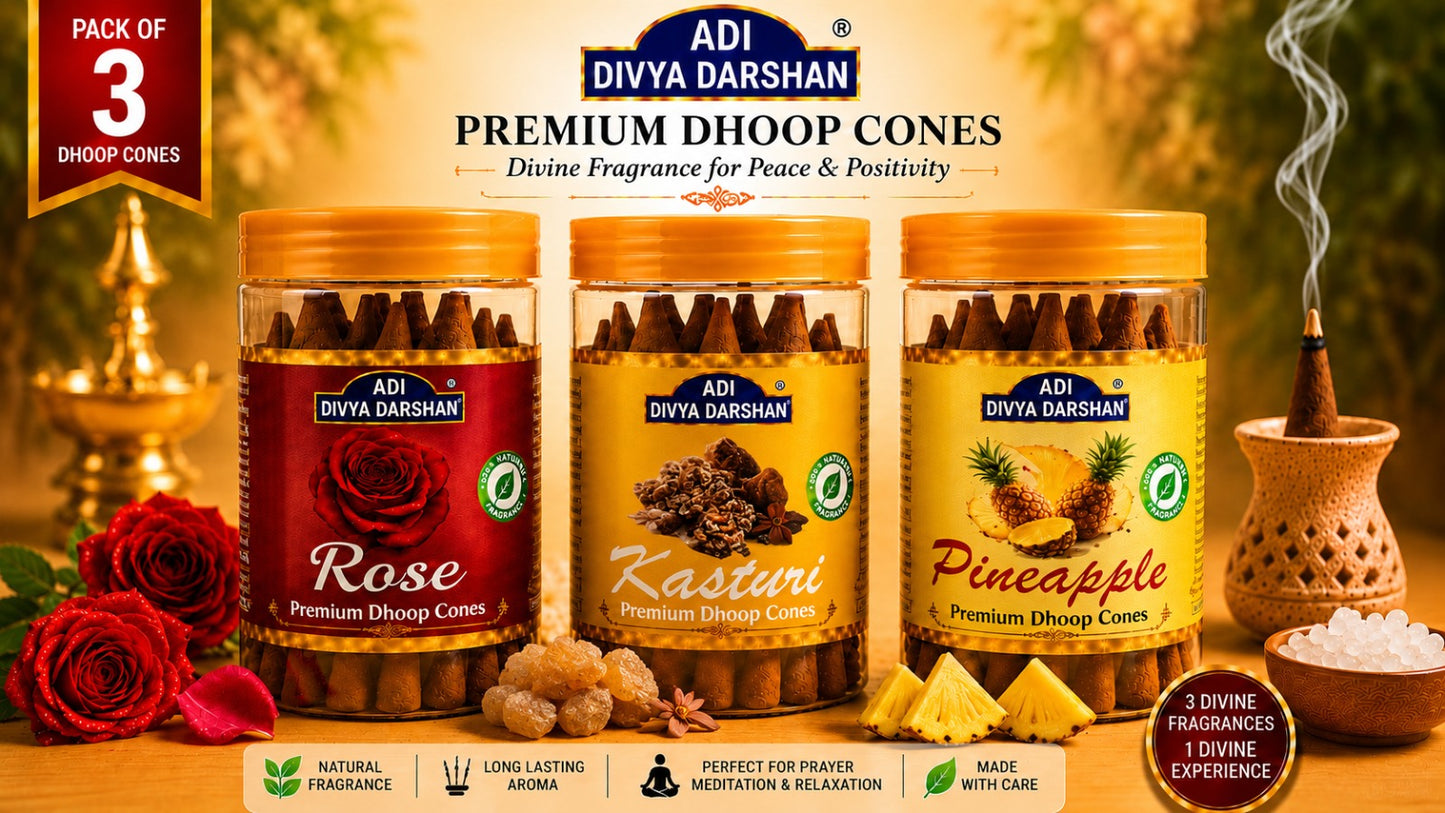ADI DIVYA DARSHAN Premium Dhoop Cones Combo Pack – Rose, Kasturi & Pineapple Fragrance | Long Lasting Aroma | Natural Incense Cones for Pooja, Meditation & Home