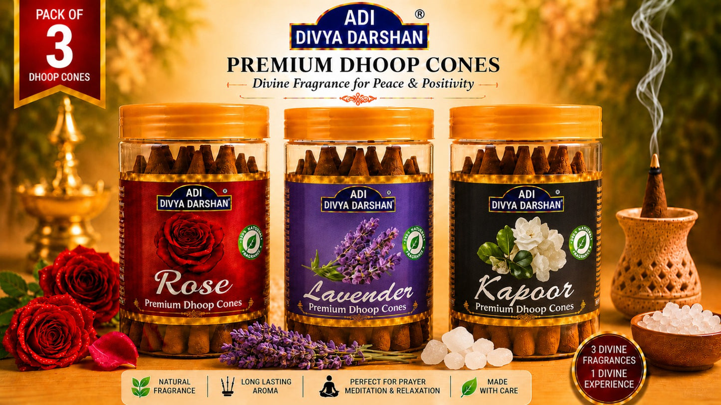 ADI DIVYA DARSHAN Premium Dhoop Cones Combo Pack – Rose, Lavender & Kapoor Fragrance | Long Lasting Aroma | Natural Incense Cones for Pooja, Meditation & Home