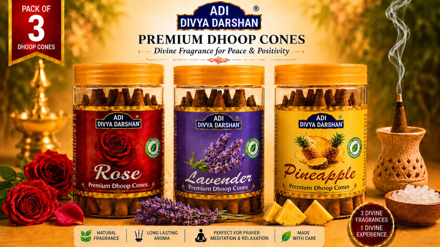 ADI DIVYA DARSHAN Premium Dhoop Cones Combo Pack – Rose, Lavender & Pineapple Fragrance | Long Lasting Aroma | Natural Incense Cones for Pooja, Meditation & Home