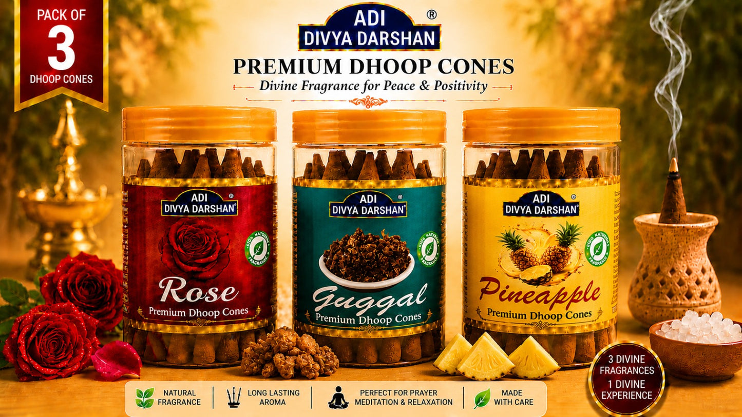 ADI DIVYA DARSHAN Premium Dhoop Cones Combo Pack – Rose, Guggal & Pineapple Fragrance | Long Lasting Aroma | Natural Incense Cones for Pooja, Meditation & Home