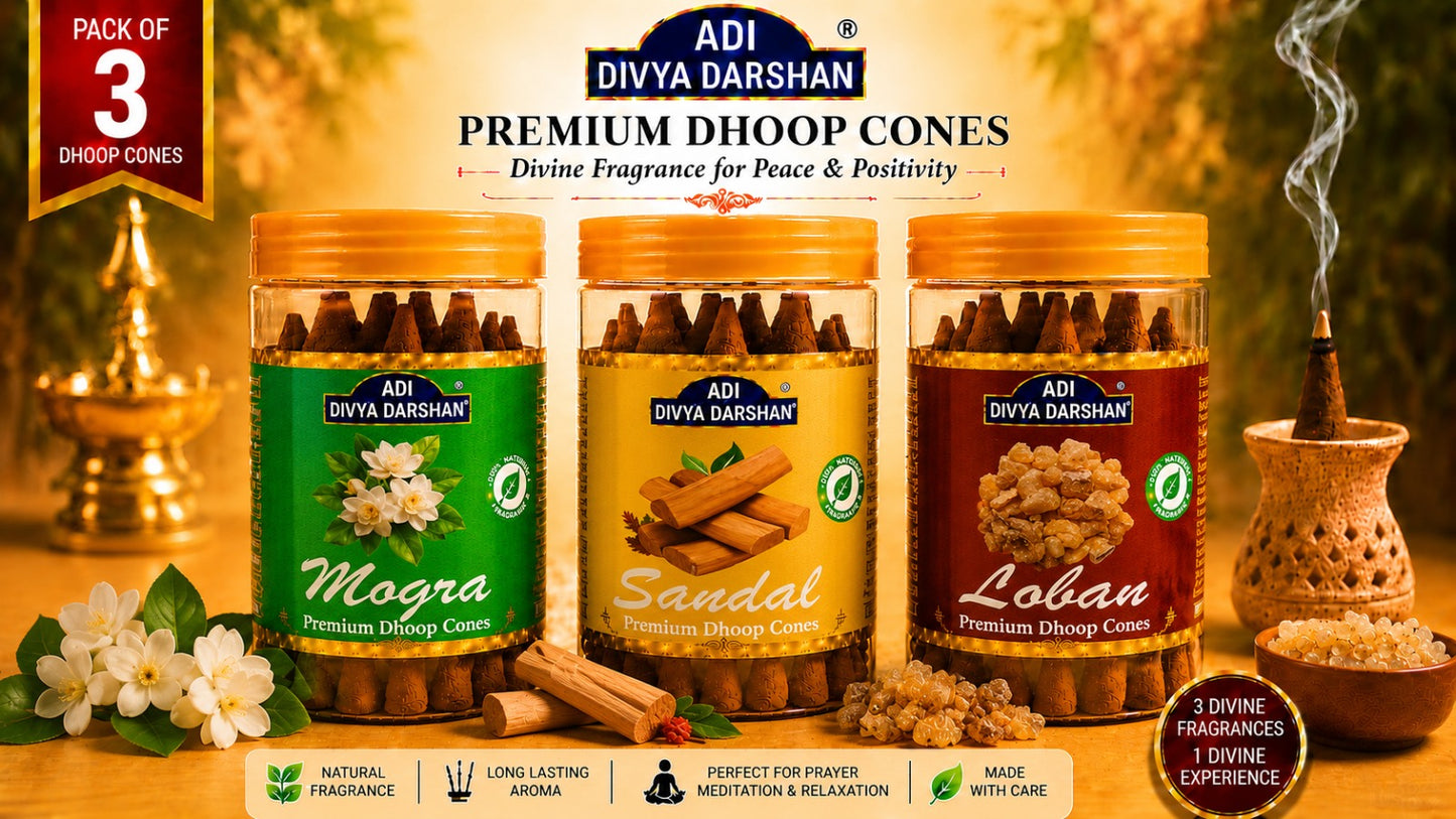 ADI DIVYA DARSHAN Premium Dhoop Cones Combo Pack – Mogra, Sandal & Loban Fragrance | Long Lasting Aroma | Natural Incense Cones for Pooja, Meditation & Home