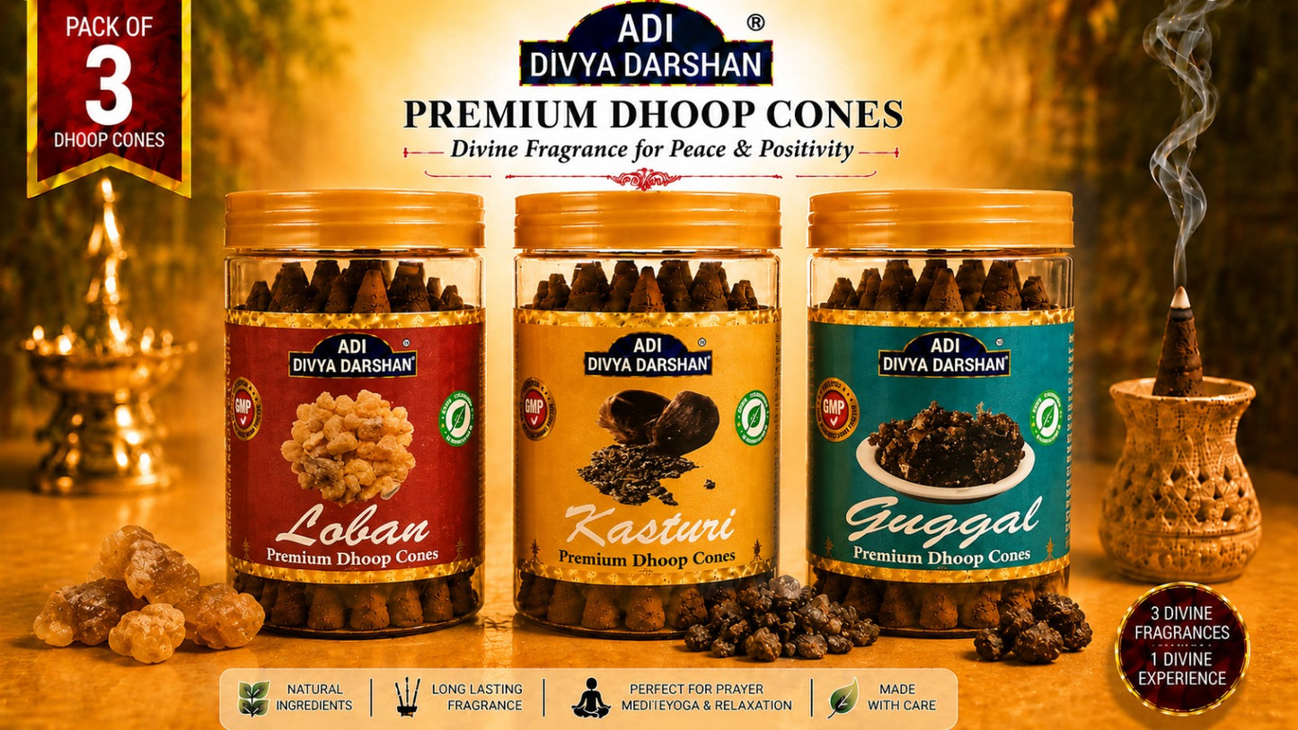 ADI DIVYA DARSHAN Premium Dhoop Cones Combo Pack – Loban , Kasturi & Guggal Fragrance | Long Lasting Aroma | Natural Incense Cones for Pooja, Meditation & Home