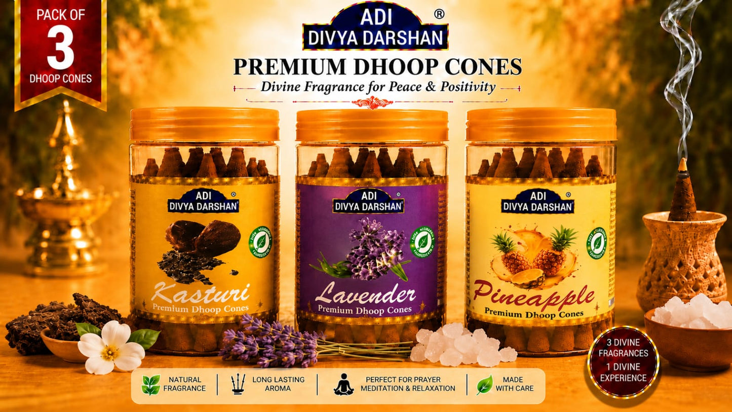 ADI DIVYA DARSHAN Premium Dhoop Cones Combo Pack – Kasturi , Lavender & Pineapple Fragrance | Long Lasting Aroma | Natural Incense Cones for Pooja, Meditation & Home