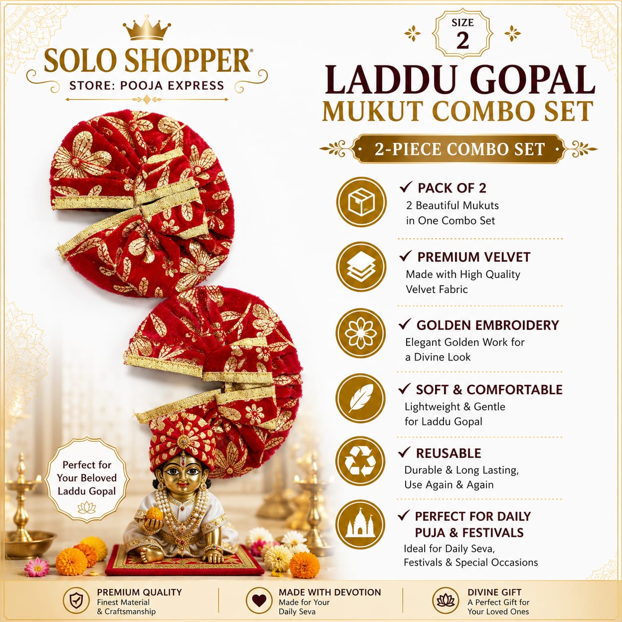 Laddu Gopal Mukut Combo Set Size 2 - Pack of 2 Red Premium Velvet Mukuts with Golden Embroidery