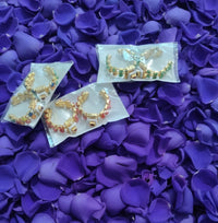 Multicolor Gemstone Kaan Earrings for Laddu Gopal Pack of 4 - Golden hoop earrings with green, red, blue and mixed gemstone beads on purple rose petals