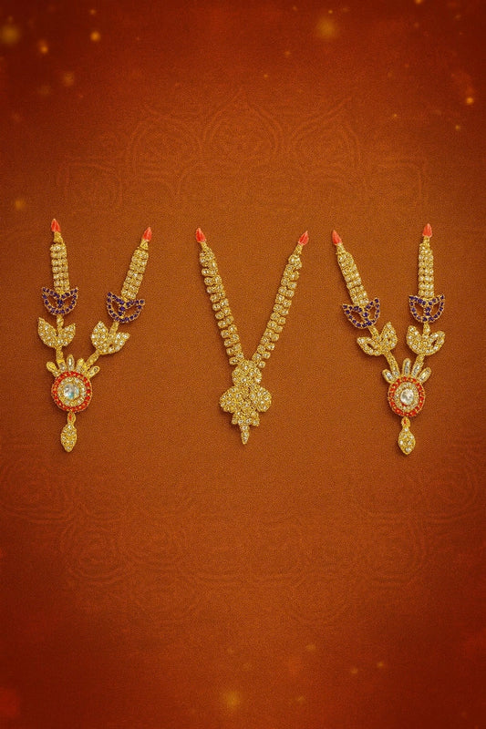 Royal Antique Gold Haar Set for Laddu Gopal Pack of 3 - Handcrafted V-shaped haars with purple gemstones, crystal centerpiece and golden leaf detailing