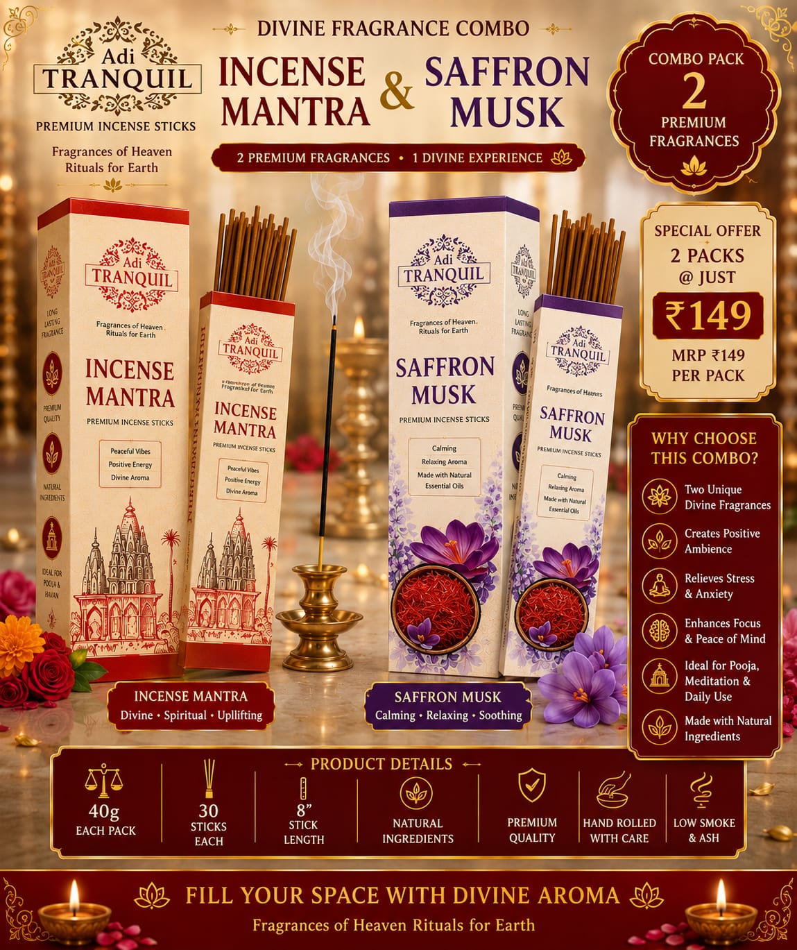 ADI TRANQUIL Incense Mantra & Saffron Musk Combo Pack | 2 Premium Incense Sticks | 30 Sticks Each | Natural Agarbatti