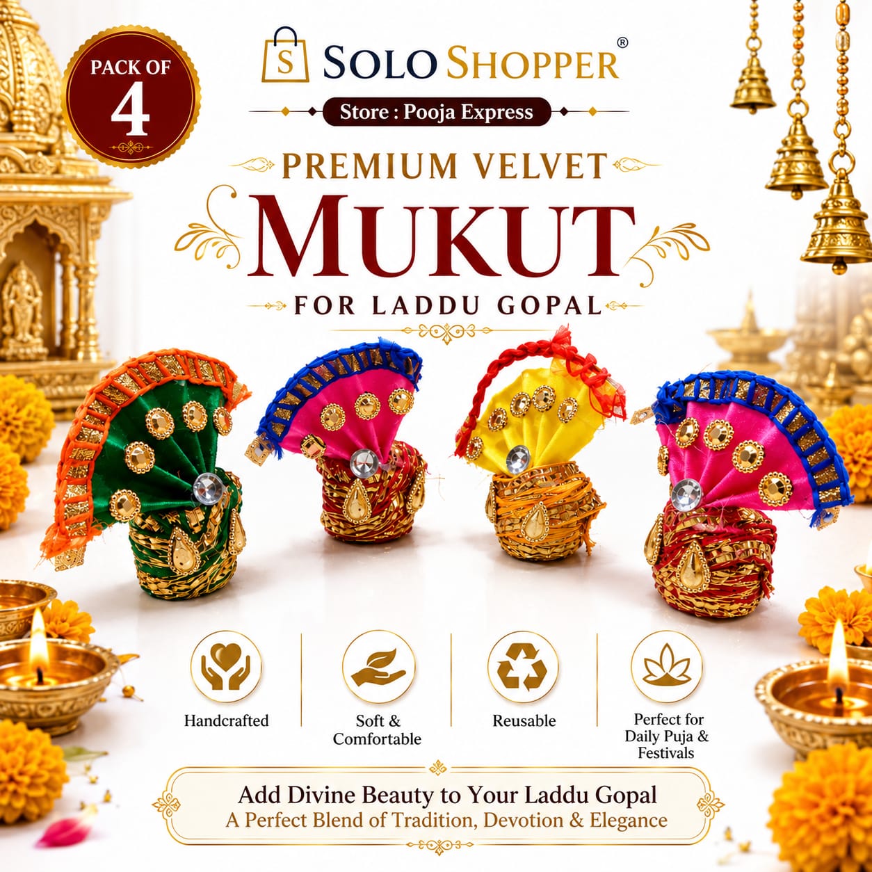 Premium Velvet Mukut for Laddu Gopal - Size 2 (Pack of 4)