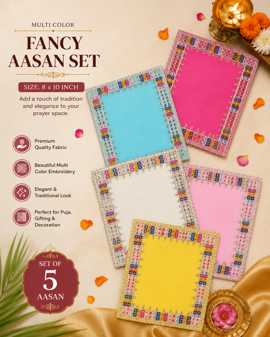 Fancy Multicolor Aasan Set of 5 (8x10 Inch) for Laddu Gopal, Puja Chowki & Home Temple Decor