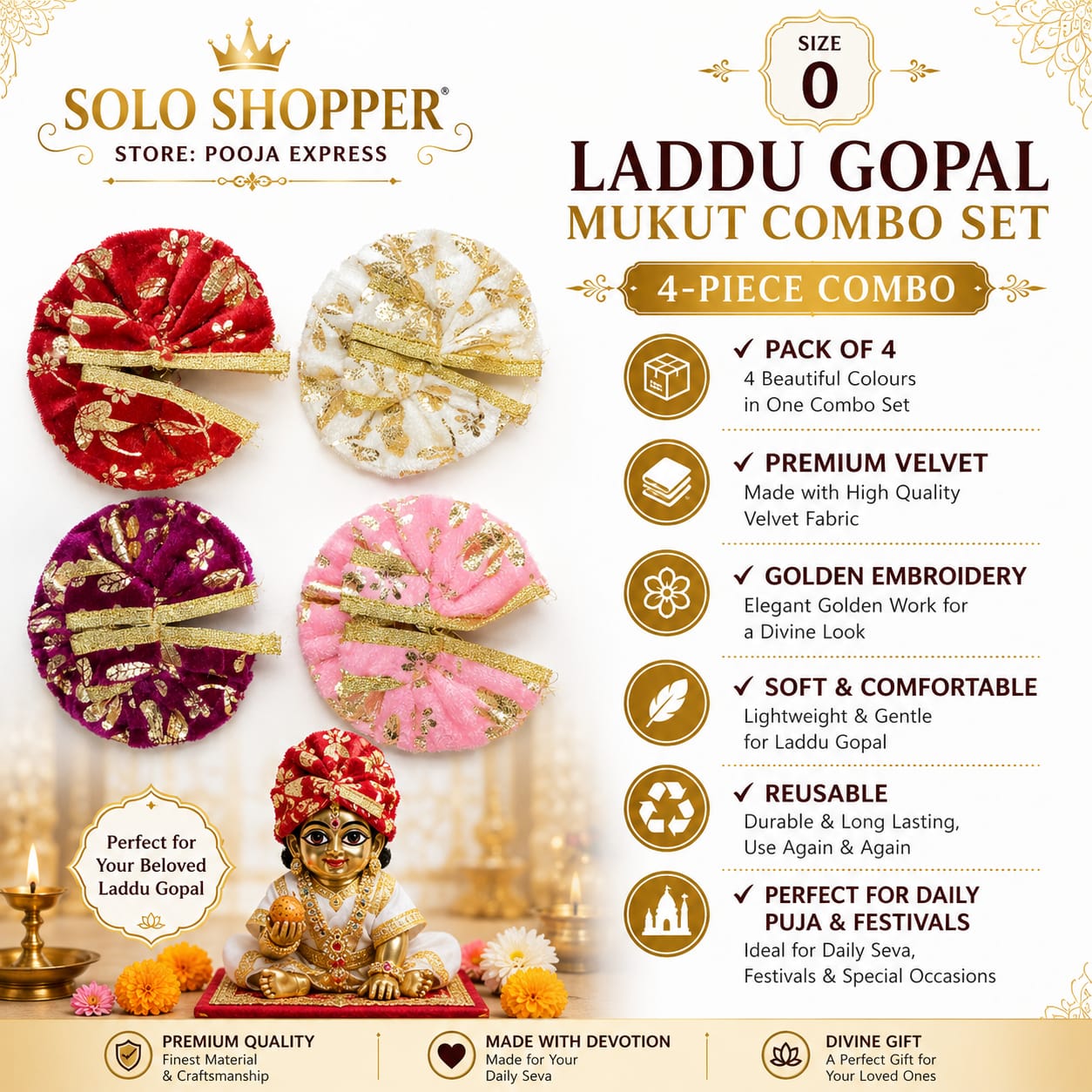 Laddu Gopal Mukut Combo Set - Size 0 (Pack of 4)