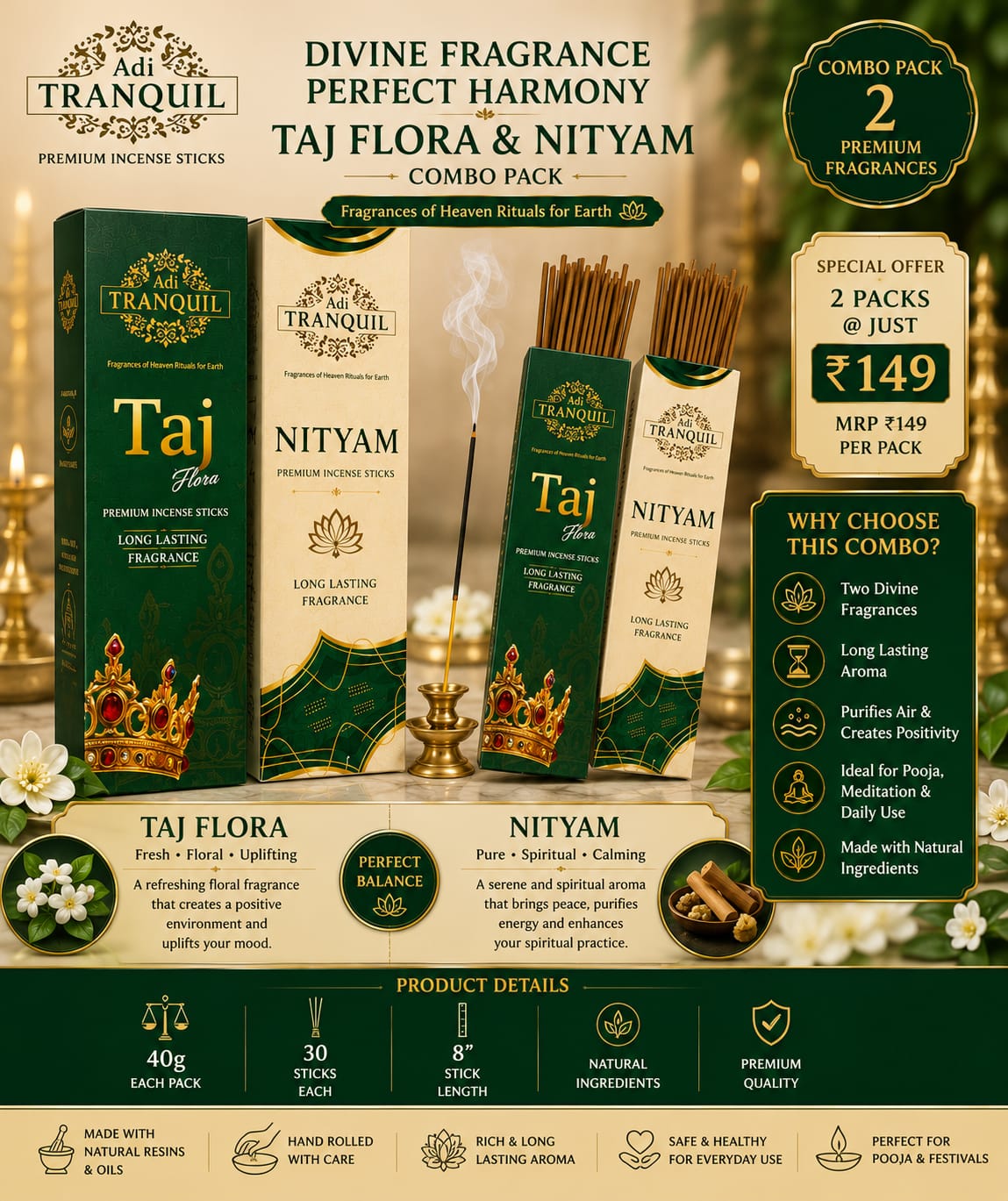 ADI TRANQUIL Taj Flora & Nityam Combo Pack | 2 Premium Incense Sticks | 30 Sticks Each | Natural Agarbatti