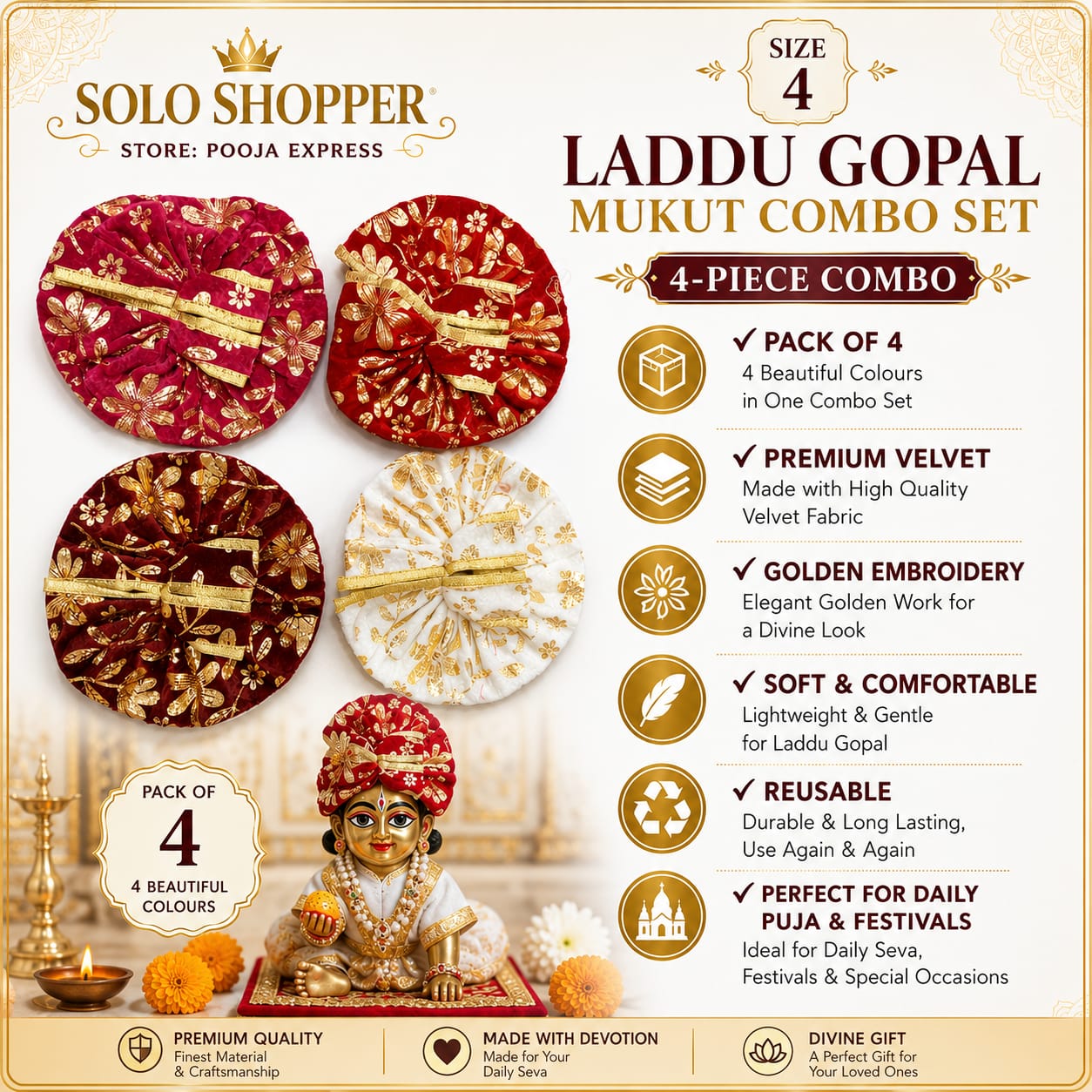 Laddu Gopal Mukut Combo Set - Size 4 (Pack of 4)