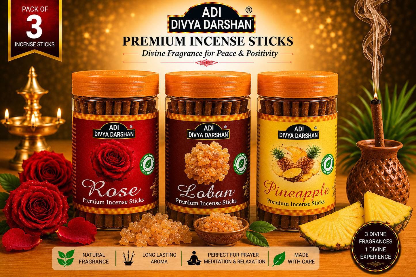 ADI DIVYA DARSHAN Premium Dhoop Sticks Combo Pack of 3 | Rose, Loban & Pineapple | Long Lasting Divine Fragrance