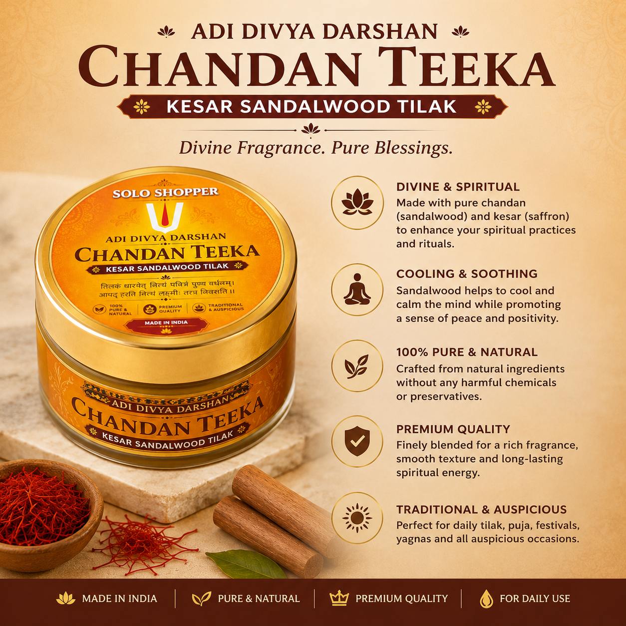 Adi Divya Darshan Chandan Teeka 30g | Premium Kesar Sandalwood Tilak Paste for Daily Puja & Religious Ceremonies