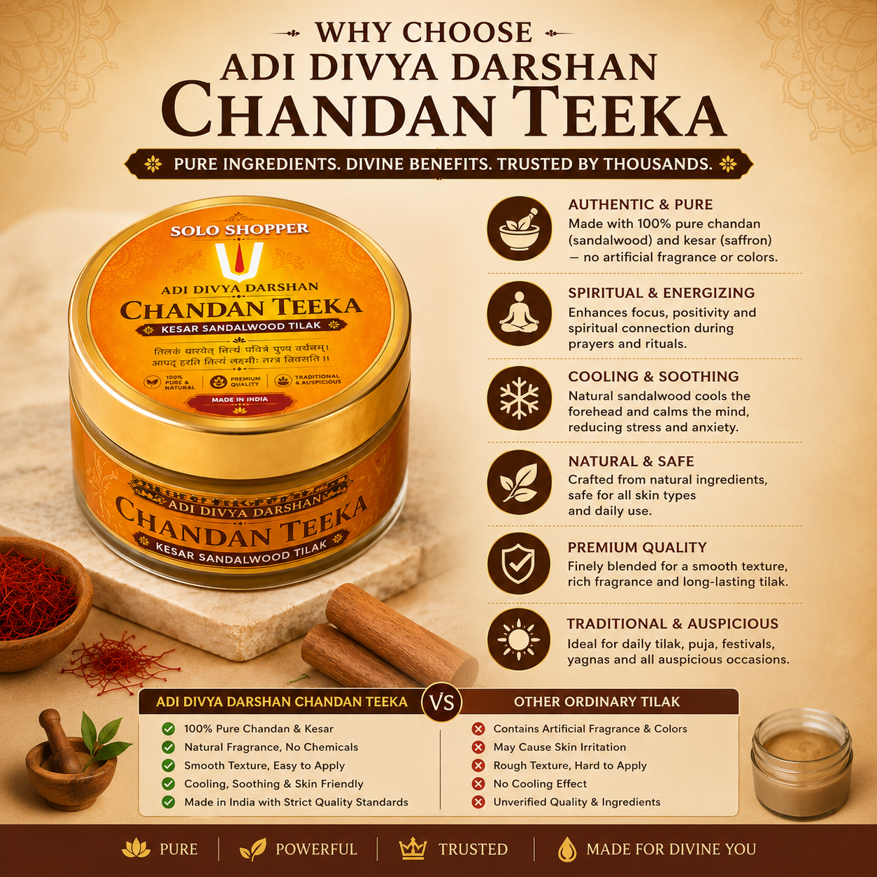 Adi Divya Darshan Chandan Teeka 30g | Premium Kesar Sandalwood Tilak Paste for Daily Puja & Religious Ceremonies