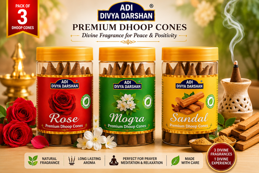 ADI DIVYA DARSHAN Premium Dhoop Cones Combo Pack – Rose, Mogra & Sandal Fragrance | Long Lasting Aroma | Natural Incense Cones for Pooja, Meditation & Home