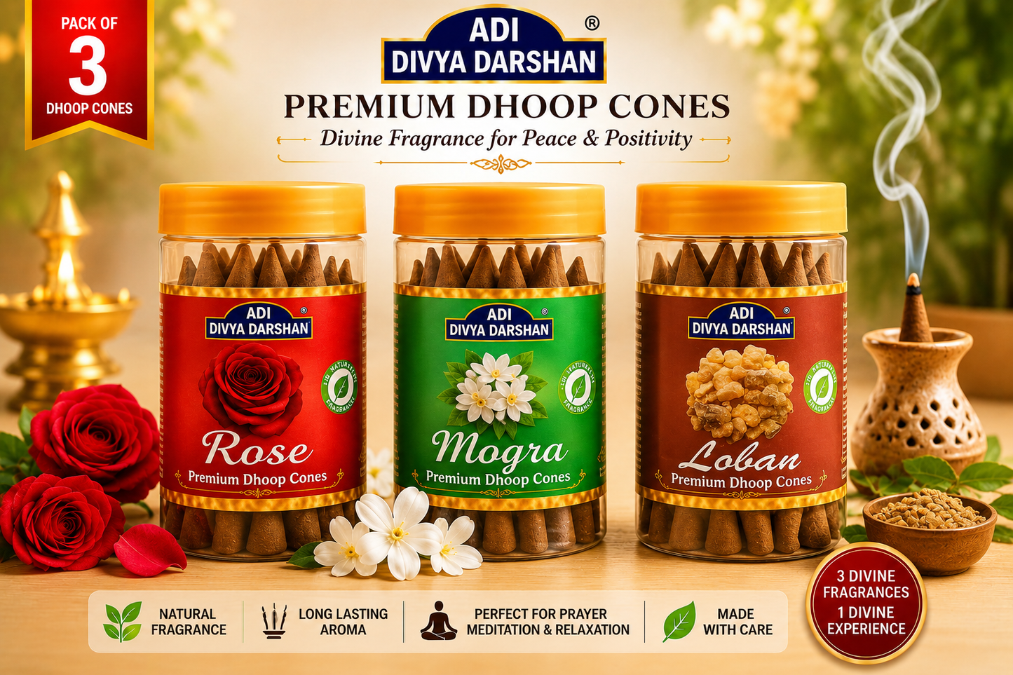 ADI DIVYA DARSHAN Premium Dhoop Cones Combo Pack – Rose, Mogra & Loban Fragrance | Long Lasting Aroma | Natural Incense Cones for Pooja, Meditation & Home