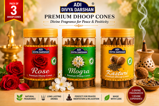 ADI DIVYA DARSHAN Premium Dhoop Cones Combo Pack – Rose, Mogra & Kasturi Fragrance | Long Lasting Aroma | Natural Incense Cones for Pooja, Meditation & Home