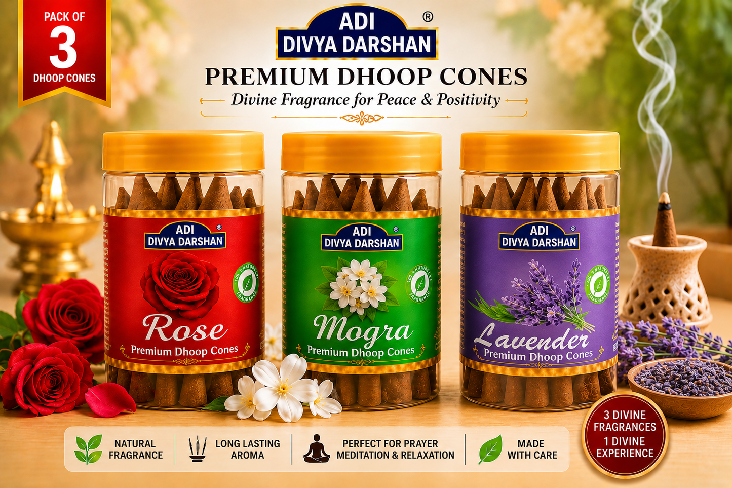 ADI DIVYA DARSHAN Premium Dhoop Cones Combo Pack – Rose, Mogra & Lavender Fragrance | Long Lasting Aroma | Natural Incense Cones for Pooja, Meditation & Home