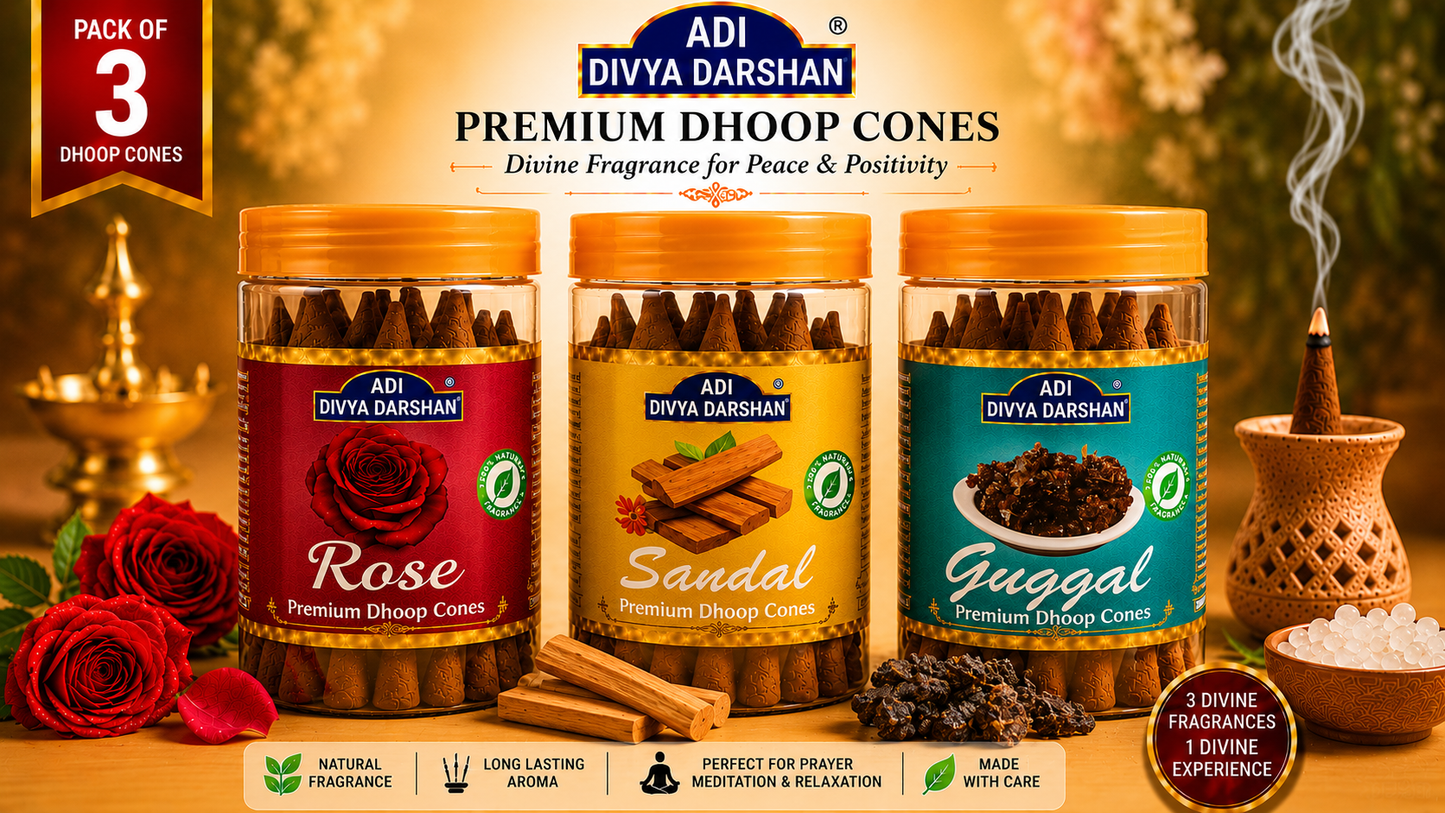 ADI DIVYA DARSHAN Premium Dhoop Cones Combo Pack – Rose, Sandal & Guggal Fragrance | Long Lasting Aroma | Natural Incense Cones for Pooja, Meditation & Home