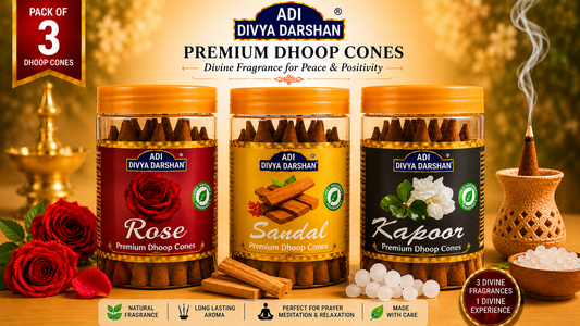 ADI DIVYA DARSHAN Premium Dhoop Cones Combo Pack – Rose, Sandal & Kapoor Fragrance | Long Lasting Aroma | Natural Incense Cones for Pooja, Meditation & Home