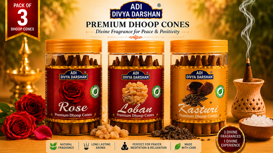 ADI DIVYA DARSHAN Premium Dhoop Cones Combo Pack – Rose, Loban & Kasturi Fragrance | Long Lasting Aroma | Natural Incense Cones for Pooja, Meditation & Home