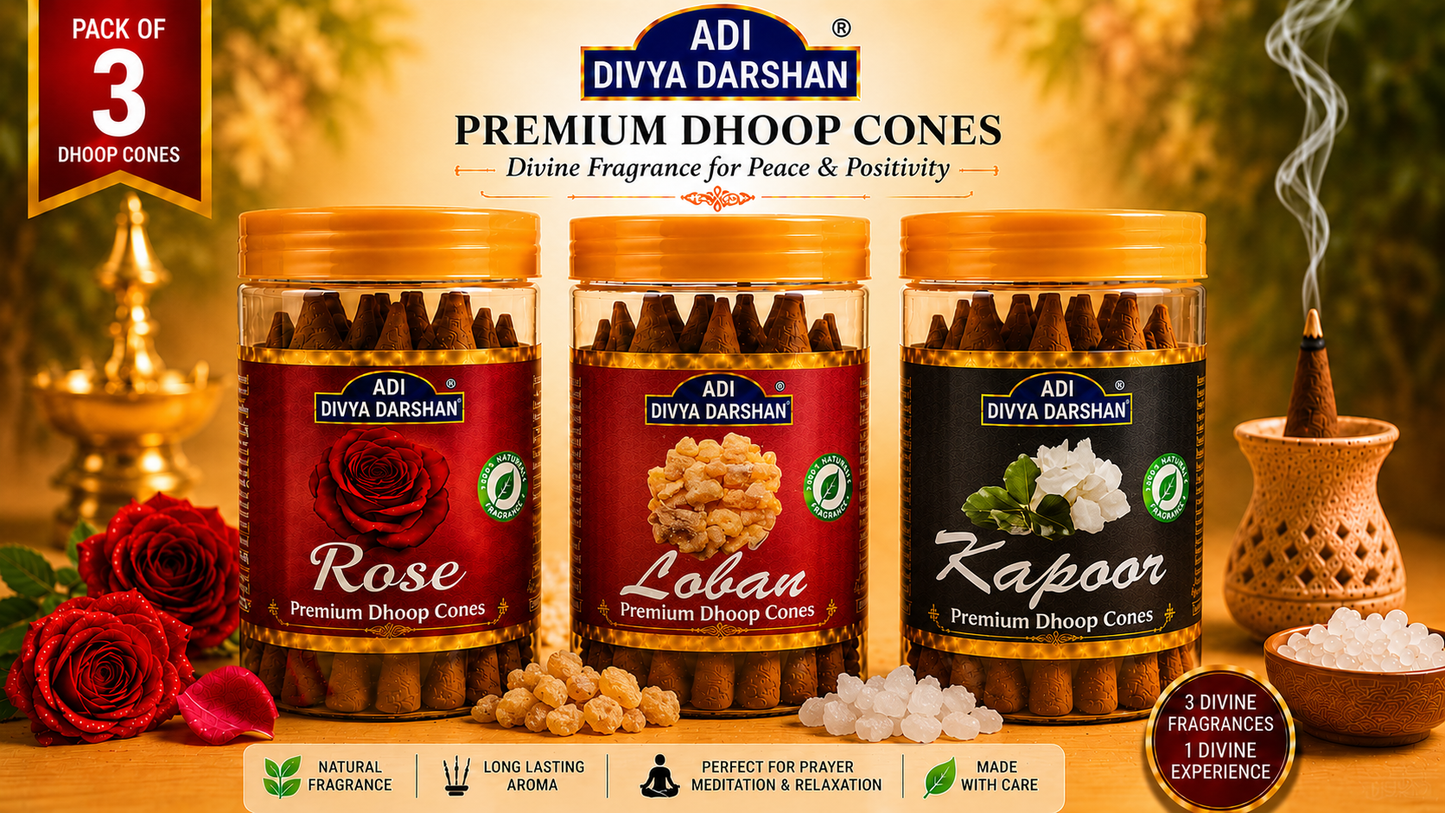 ADI DIVYA DARSHAN Premium Dhoop Cones Combo Pack – Rose, Loban & Kapoor Fragrance | Long Lasting Aroma | Natural Incense Cones for Pooja, Meditation & Home
