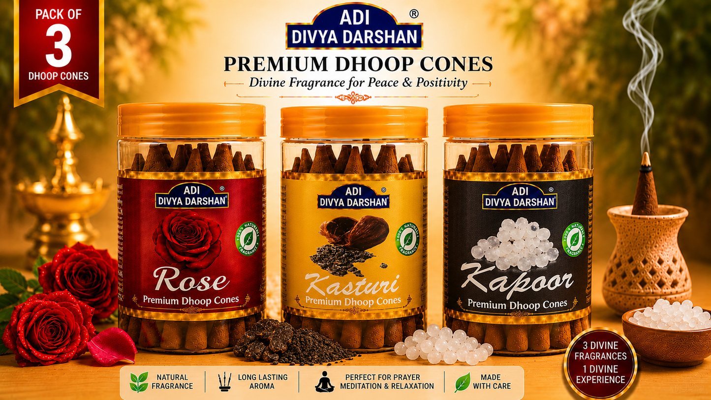 ADI DIVYA DARSHAN Premium Dhoop Cones Combo Pack – Rose, Kasturi & Kapoor Fragrance | Long Lasting Aroma | Natural Incense Cones for Pooja, Meditation & Home