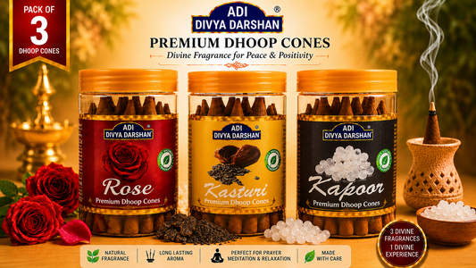 ADI DIVYA DARSHAN Premium Dhoop Cones Combo Pack – Rose, Kasturi & Kapoor Fragrance | Long Lasting Aroma | Natural Incense Cones for Pooja, Meditation & Home