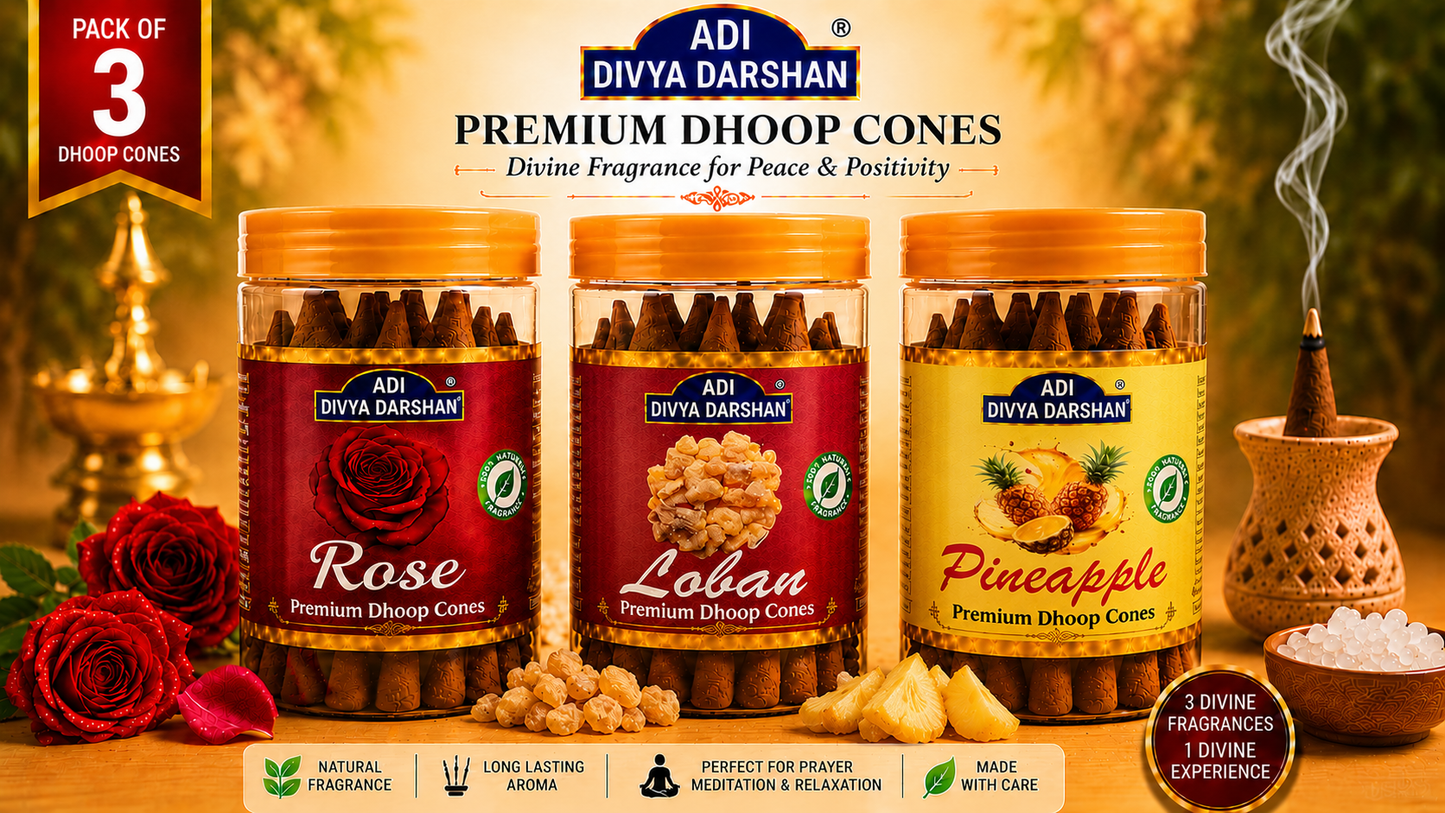 ADI DIVYA DARSHAN Premium Dhoop Cones Combo Pack – Rose, Loban & Pineapple Fragrance | Long Lasting Aroma | Natural Incense Cones for Pooja, Meditation & Home